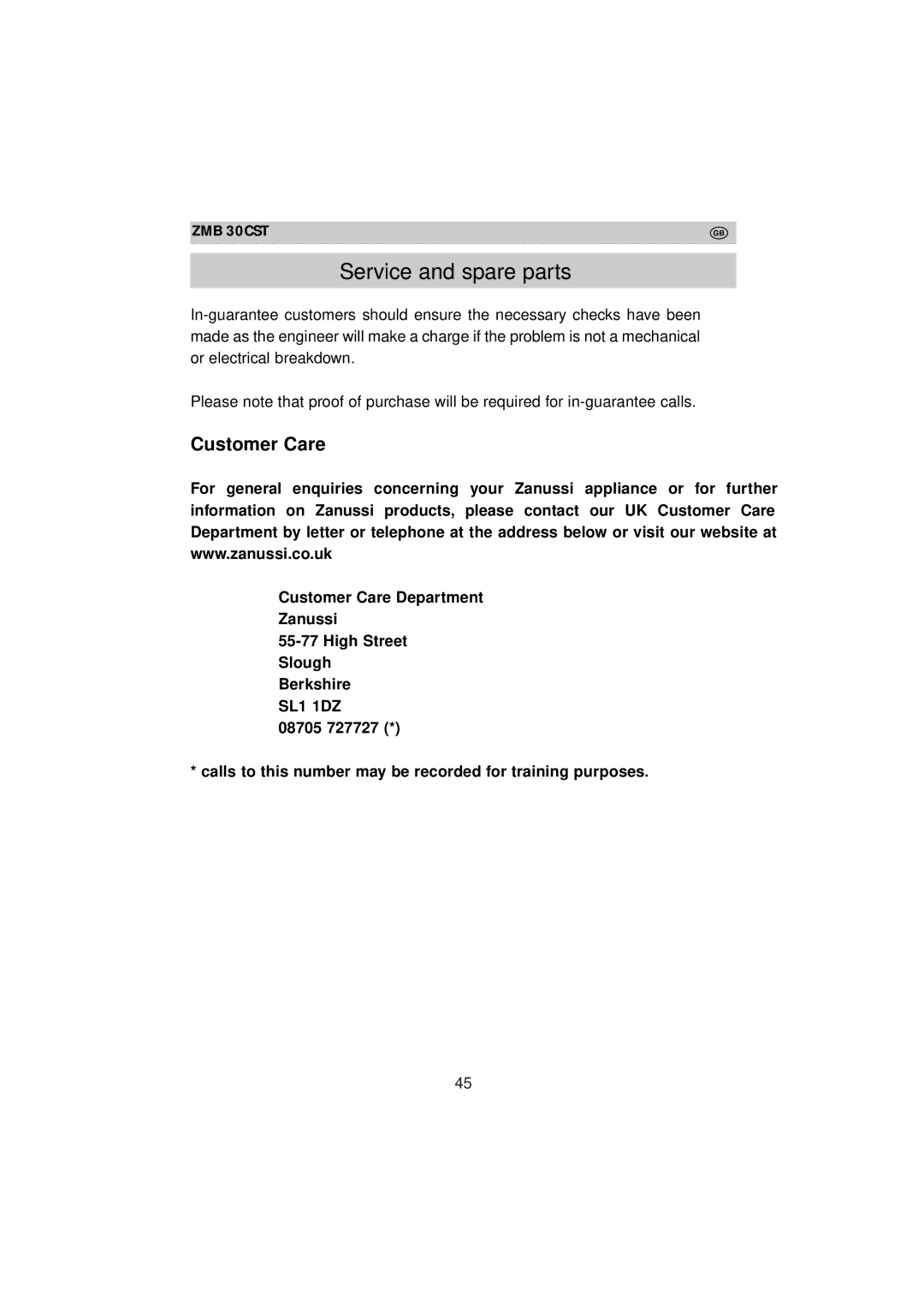 Zanussi ZMB 30 CST instruction manual Customer Care 