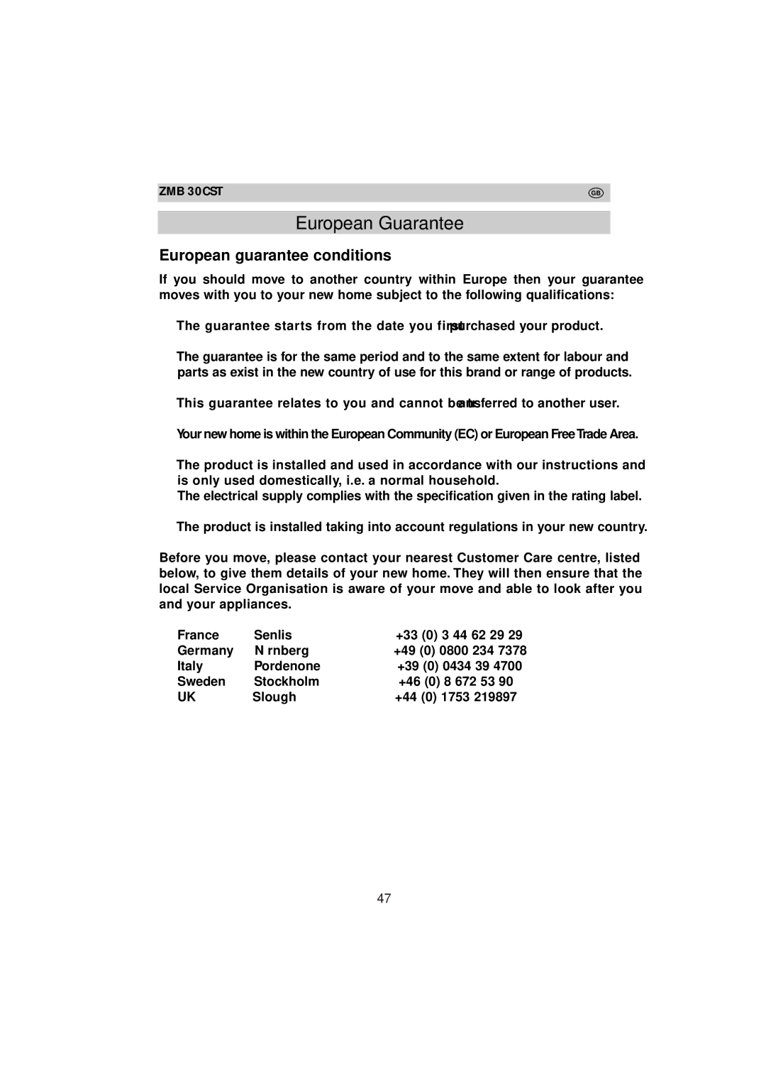 Zanussi ZMB 30 CST instruction manual European Guarantee, European guarantee conditions 