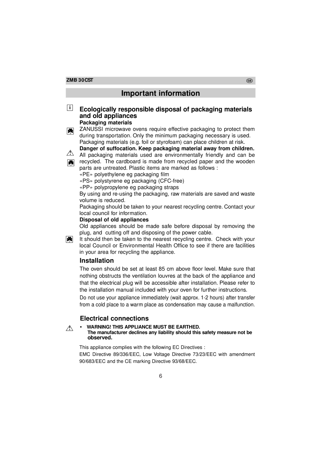 Zanussi ZMB 30 CST instruction manual Important information, Installation, Electrical connections 