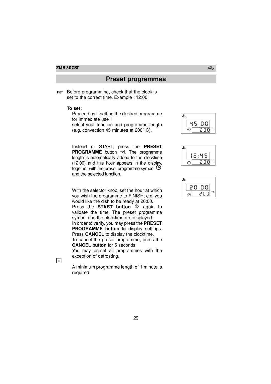 Zanussi ZMB 30 CST instruction manual Preset programmes, To set, 2 0 0 