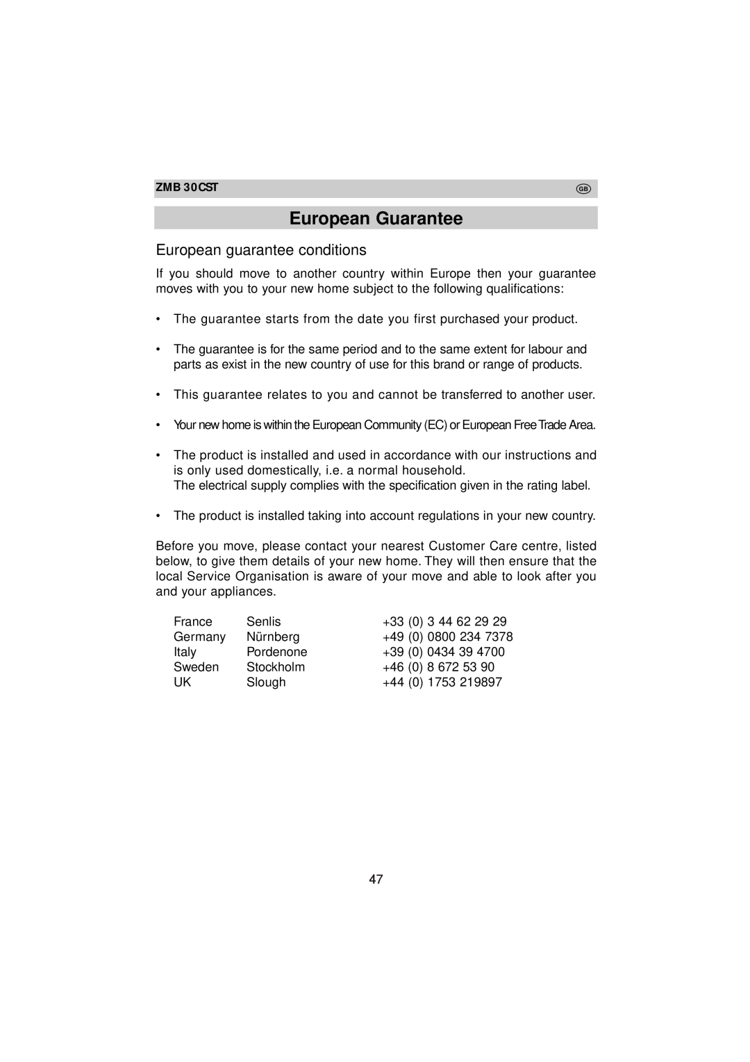 Zanussi ZMB 30 CST instruction manual European Guarantee, European guarantee conditions 