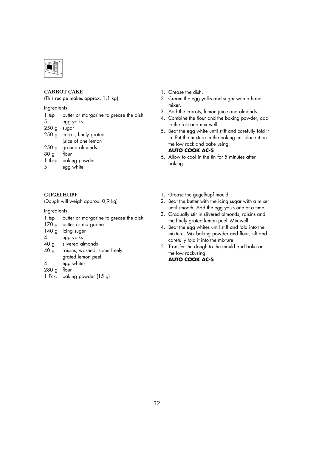 Zanussi ZMC40ST manual Recipes for Auto Cook AC-5, Carrot Cake, Gugelhupf 