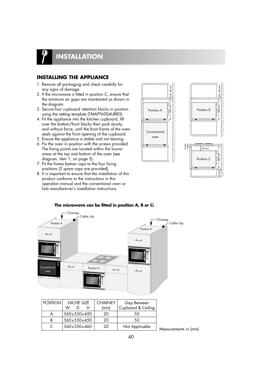 Zanussi ZMC40ST manual Installation, Microwave can be fitted in position A, B or C 