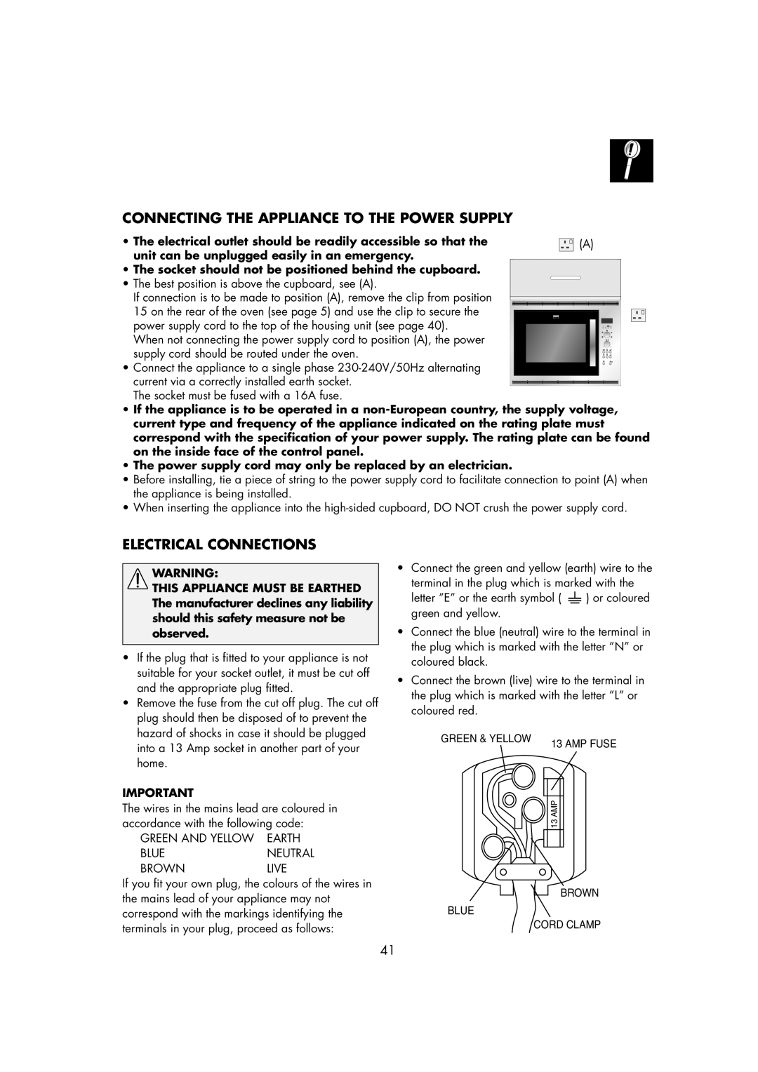 Zanussi ZMC40ST manual Connecting the Appliance to the Power Supply 