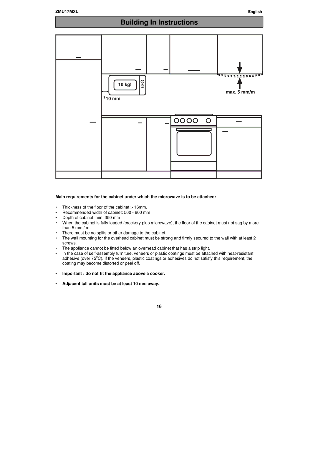 Zanussi ZMU17MXL manual Building In Instructions 