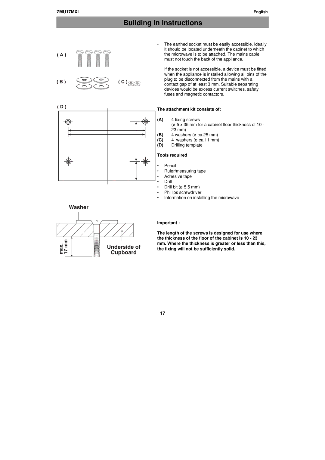 Zanussi ZMU17MXL manual Attachment kit consists, Tools required 