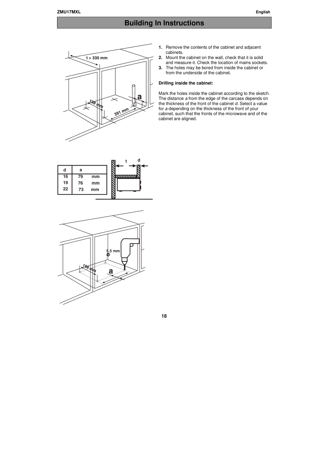 Zanussi ZMU17MXL manual Remove the contents of the cabinet and adjacent cabinets, Drilling inside the cabinet 