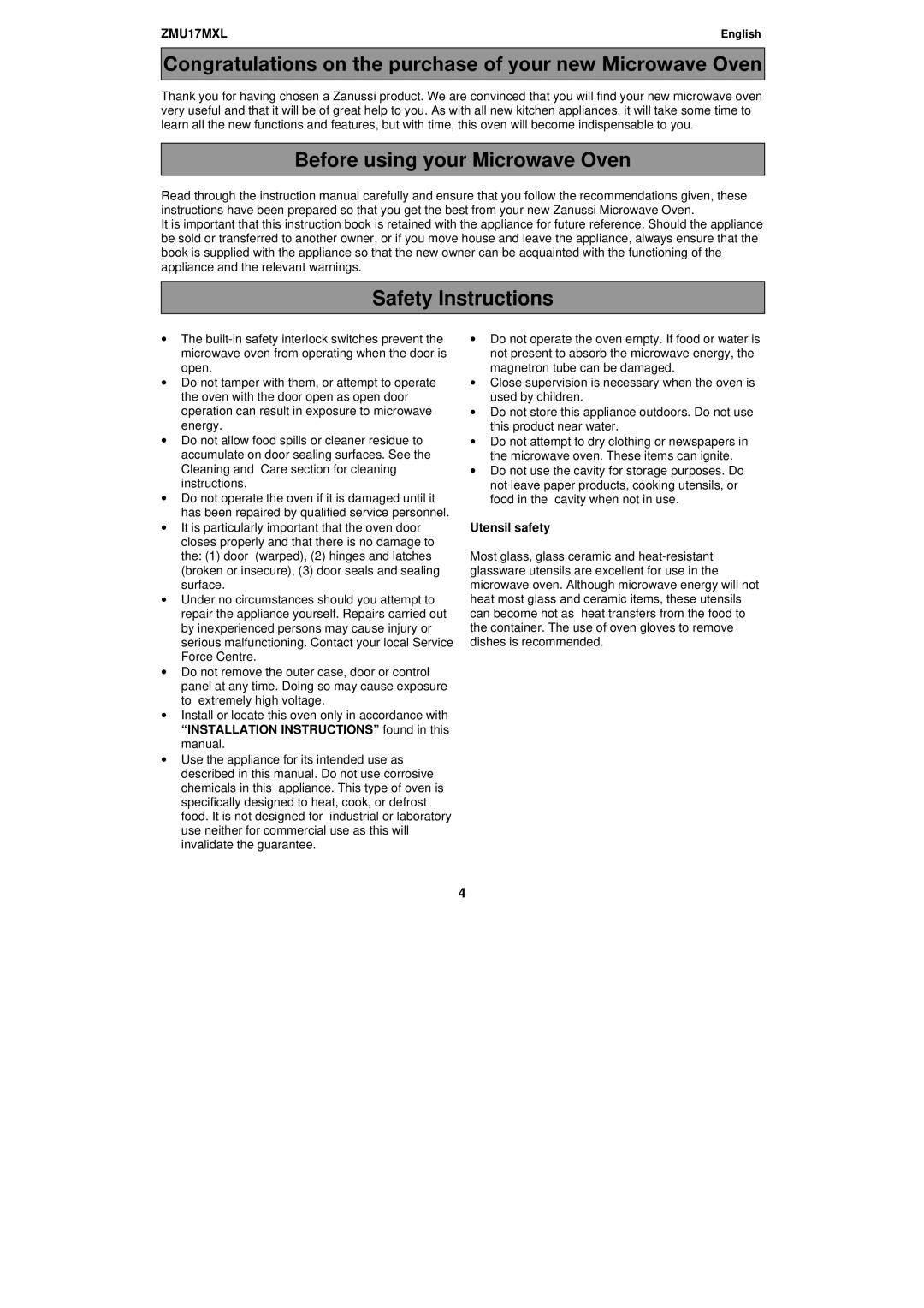 Zanussi ZMU17MXL manual Before using your Microwave Oven, Safety Instructions, Utensil safety 