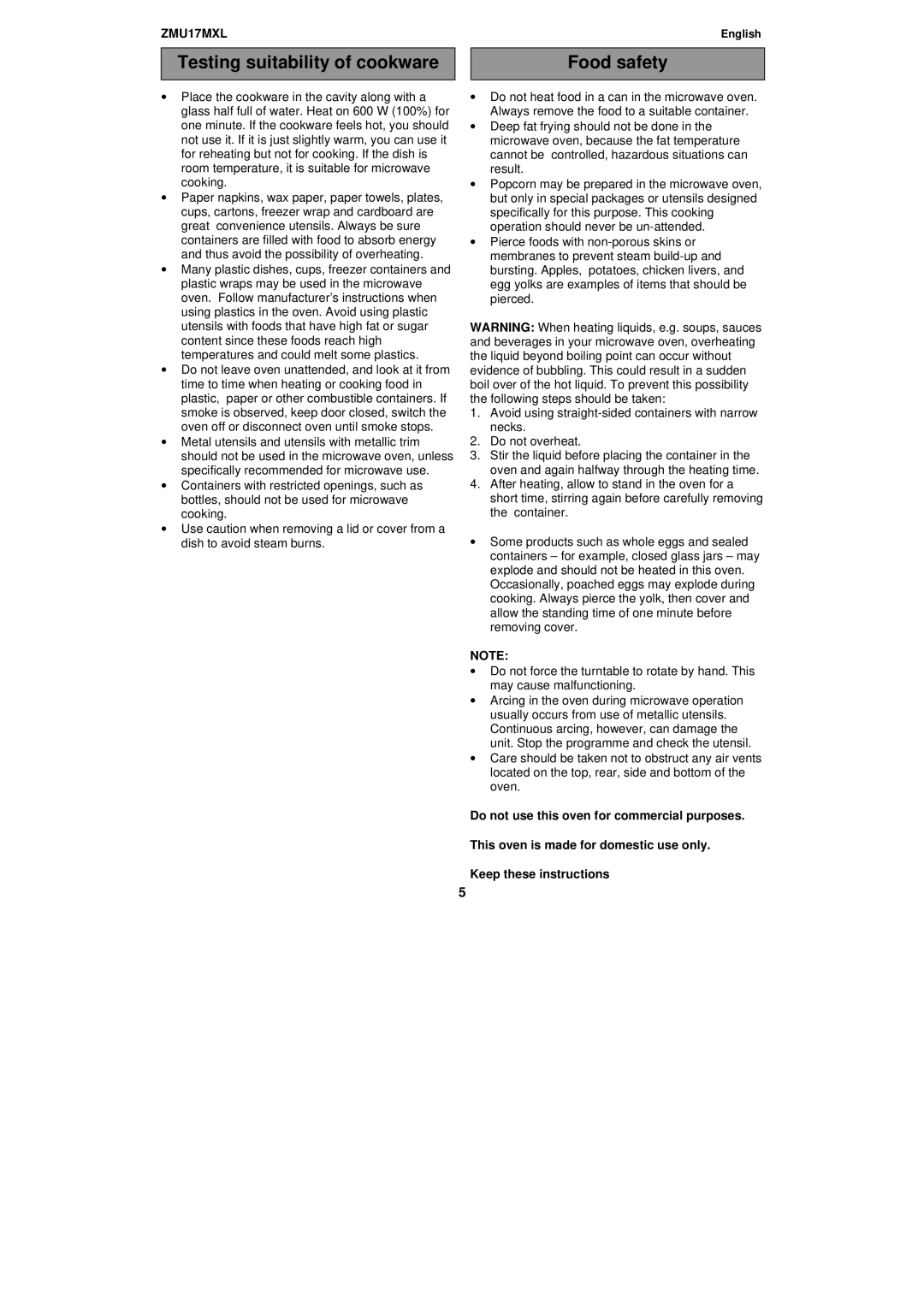 Zanussi ZMU17MXL manual Testing suitability of cookware 