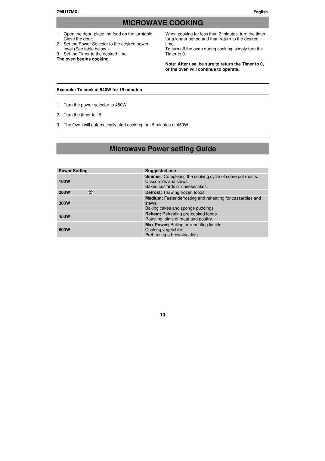 Zanussi ZMU17MXL manual Microwave Cooking, Microwave Power setting Guide, Oven begins cooking 