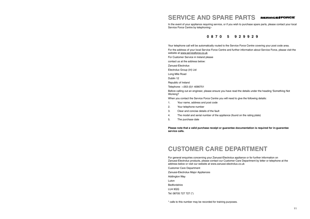 Zanussi ZNB 2660 manual Service and Spare Parts, Customer Care Department 