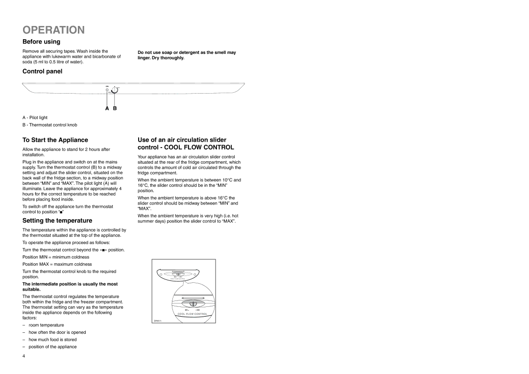 Zanussi ZNB 2660 manual Operation, Before using, Control panel, To Start the Appliance, Setting the temperature 