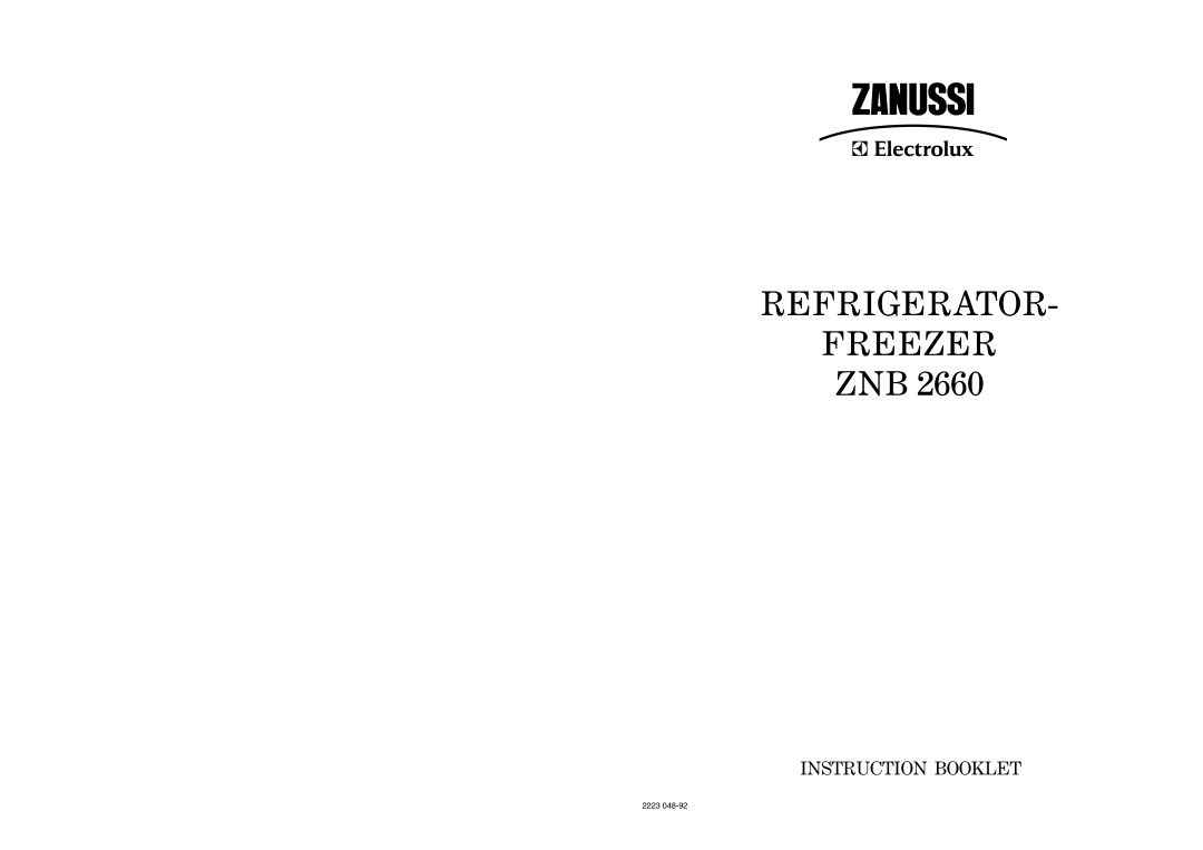 Zanussi ZNB 2660 manual Refrigerator Freezer Znb, Instruction Booklet, 2223 