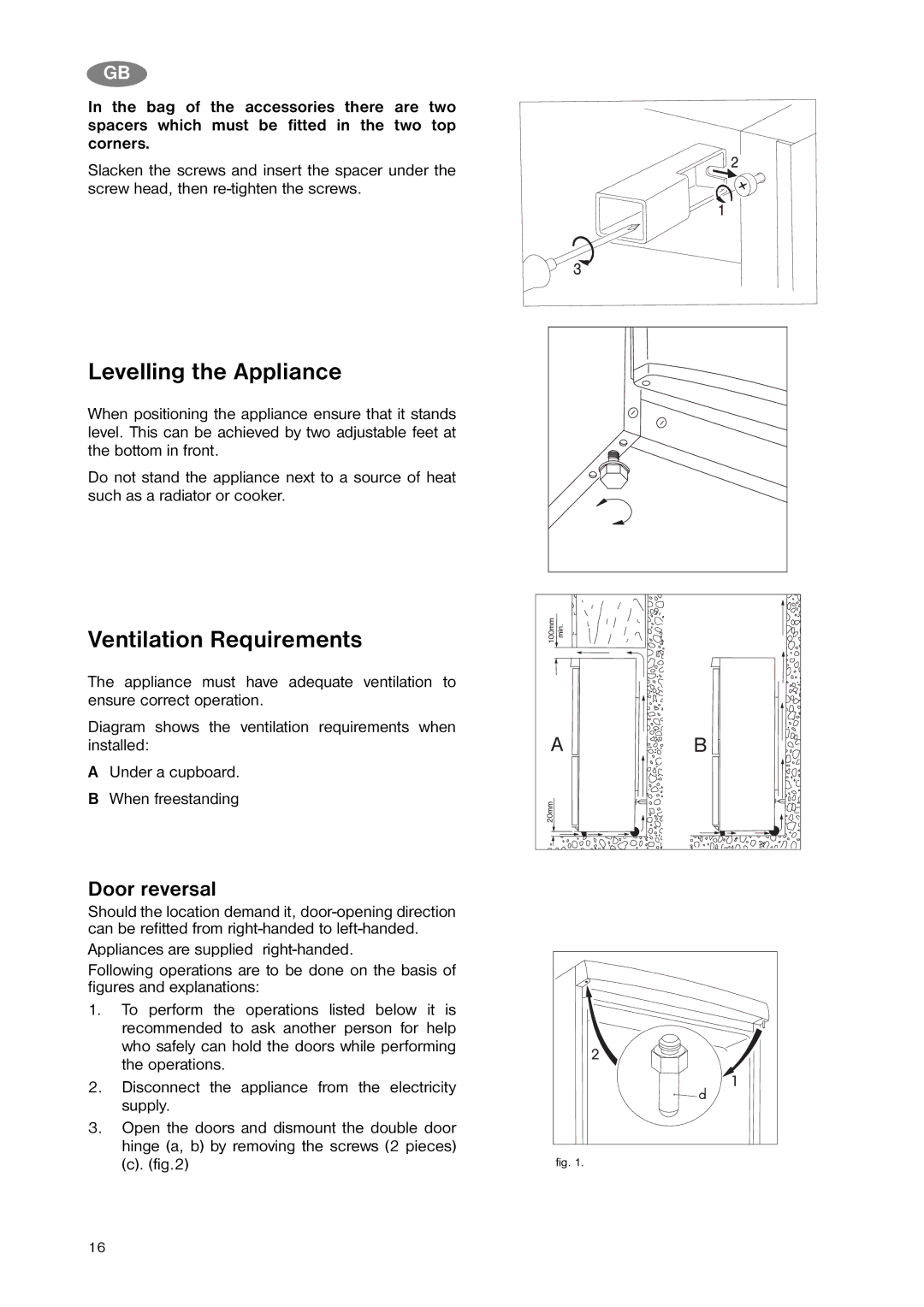 Zanussi ZNB 323 W, ZNB 323 S manual Levelling the Appliance, Ventilation Requirements, Door reversal 