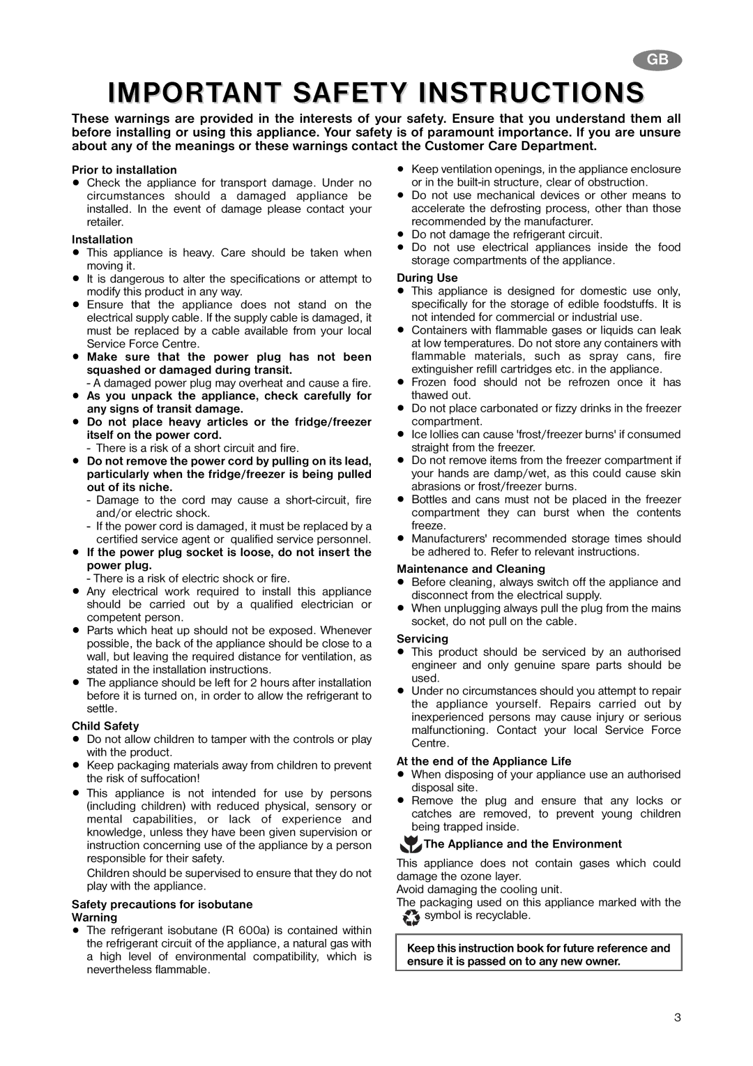 Zanussi ZNB 323 S, ZNB 323 W manual Important Safety Instructions 