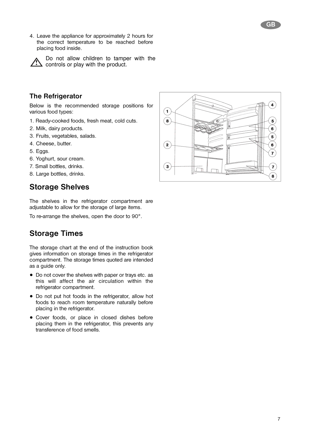 Zanussi ZNB 323 S, ZNB 323 W manual Storage Shelves, Storage Times, Refrigerator 