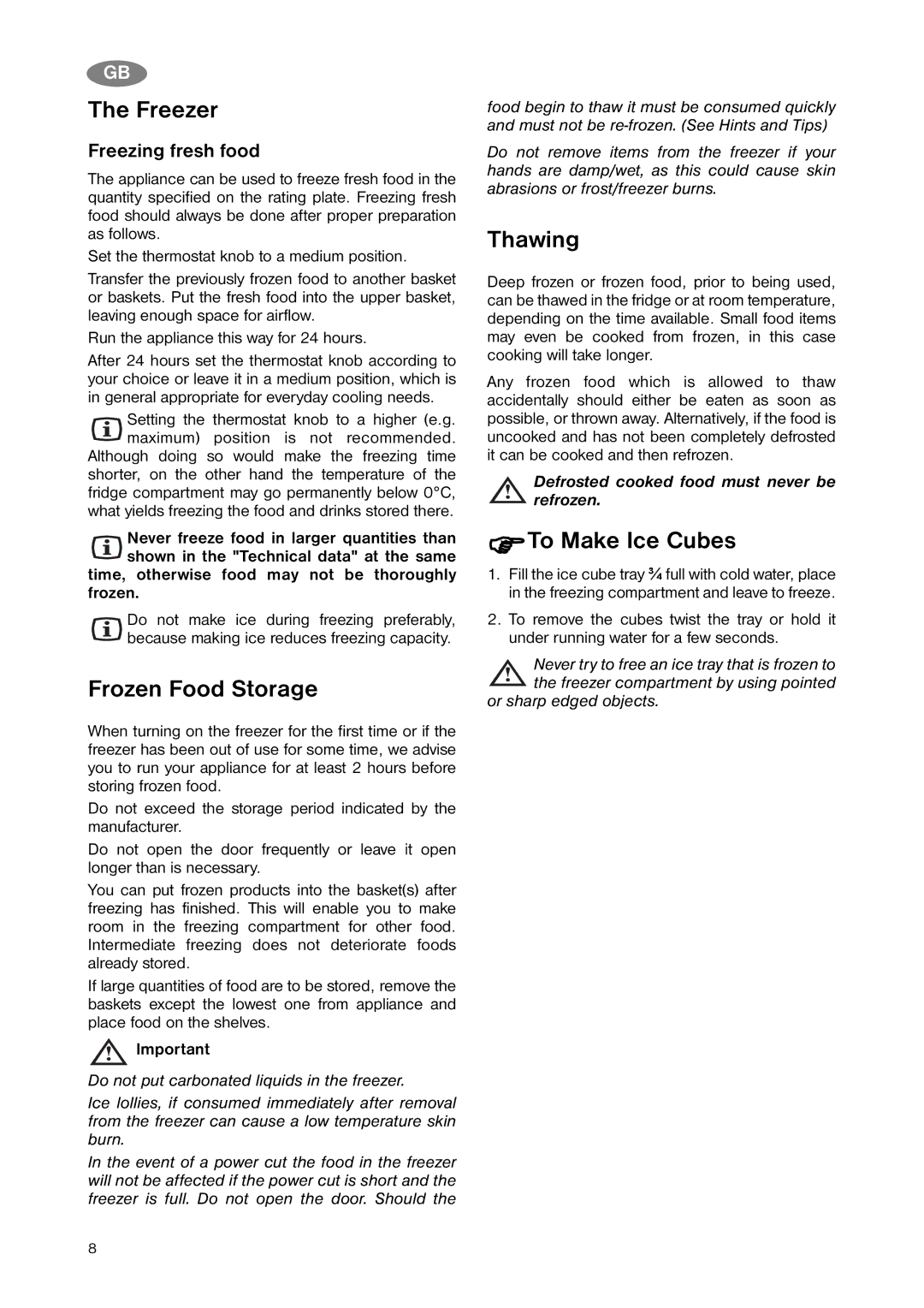 Zanussi ZNB 323 W, ZNB 323 S manual Freezer, Frozen Food Storage, Thawing, To Make Ice Cubes 