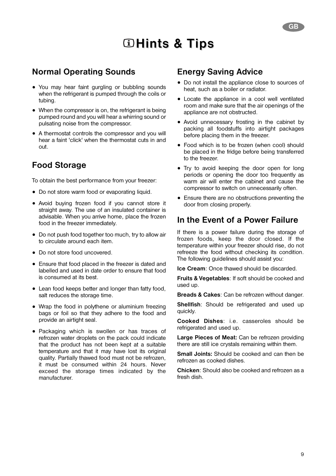 Zanussi ZNB 323 S Hints & Tips, Normal Operating Sounds, Food Storage, Event of a Power Failure, Energy Saving Advice 