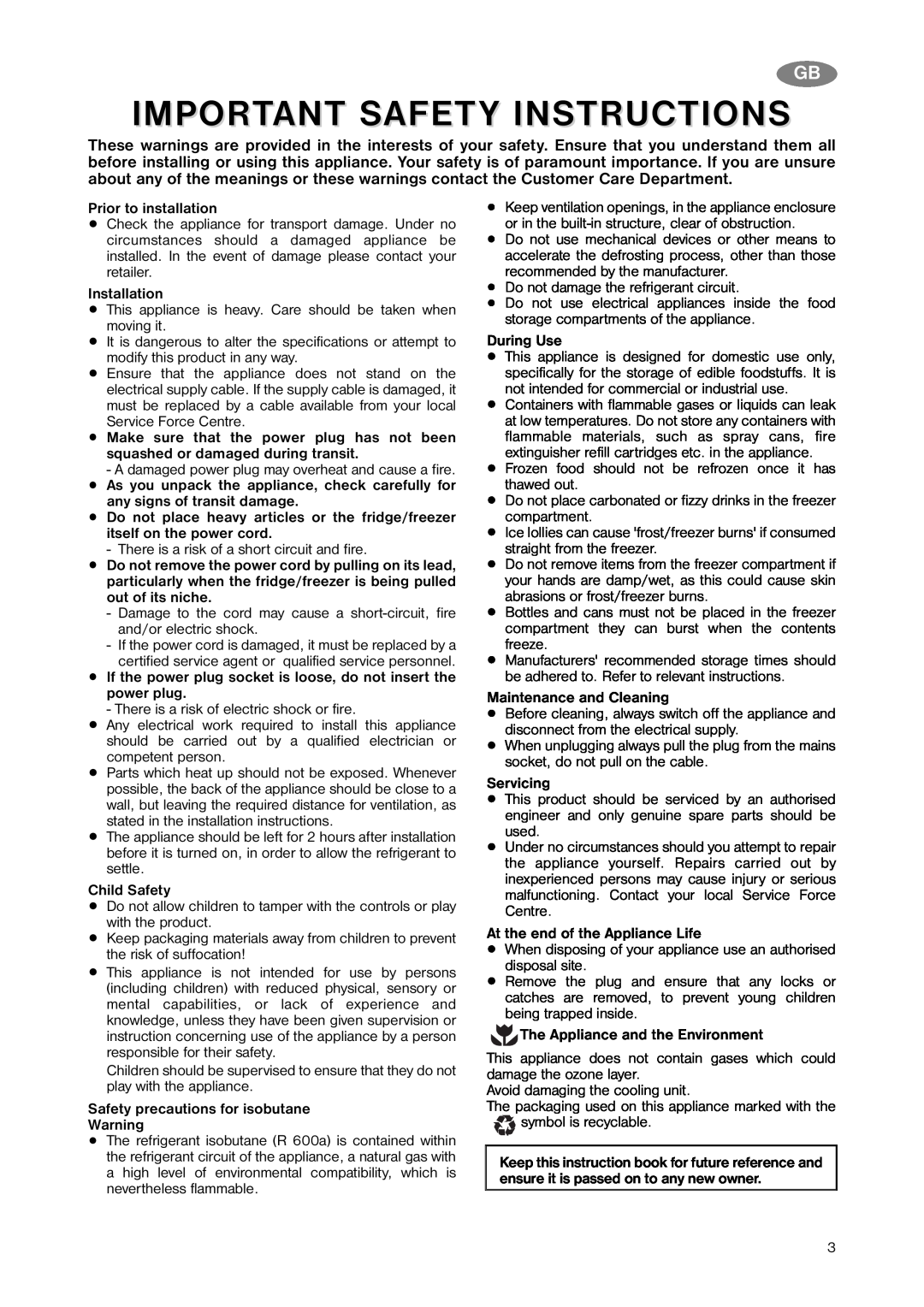 Zanussi ZNB 323 S, ZNB 323 W manual Important Safety Instructions 