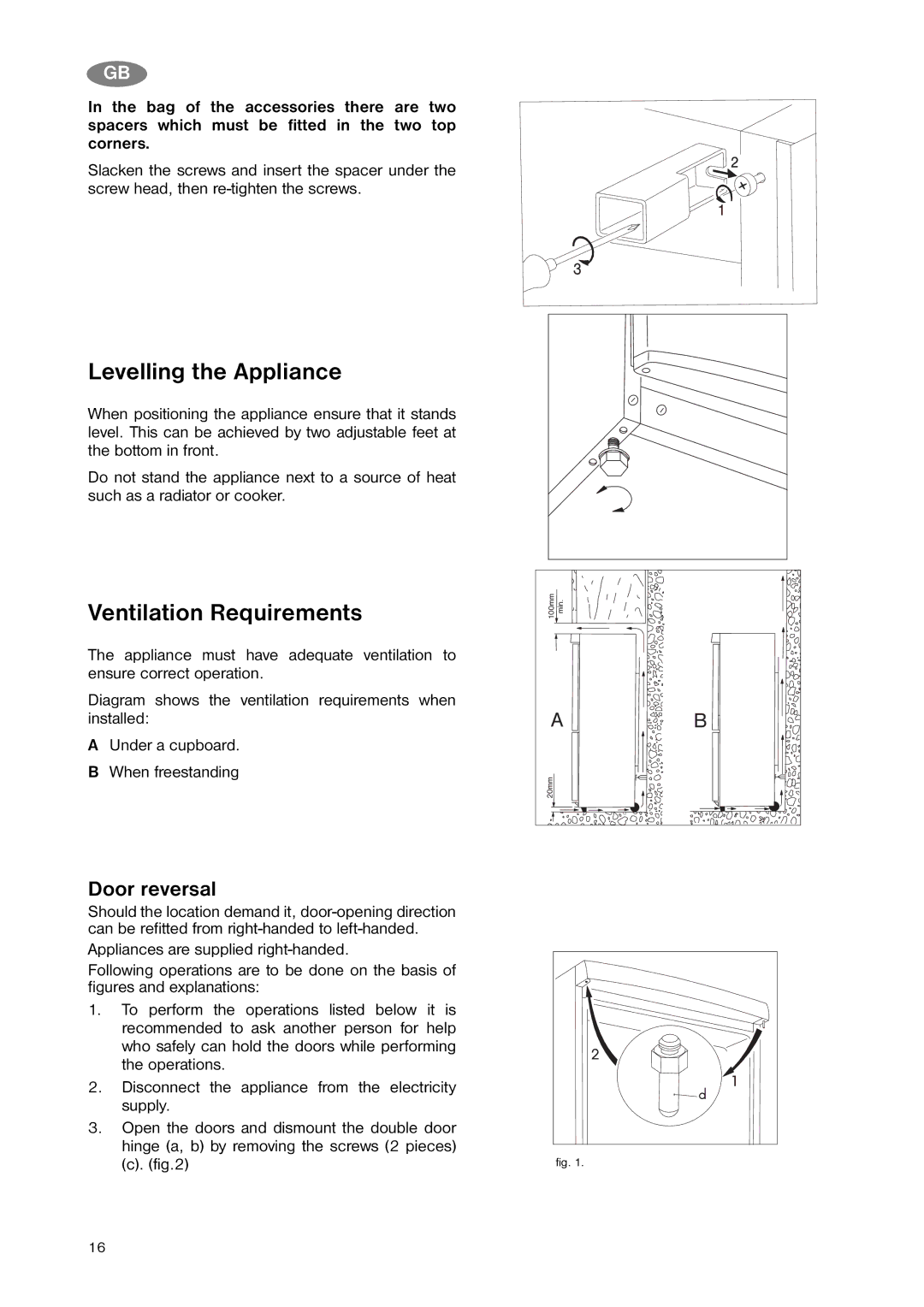 Zanussi ZNB 343 S manual Levelling the Appliance, Ventilation Requirements, Door reversal 