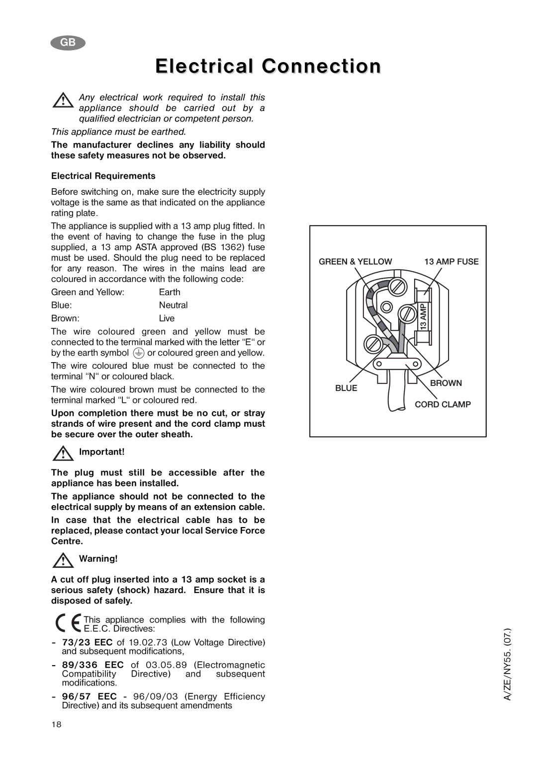 Zanussi ZNB 343 S manual Electrical Connection, BlueNeutral BrownLive 