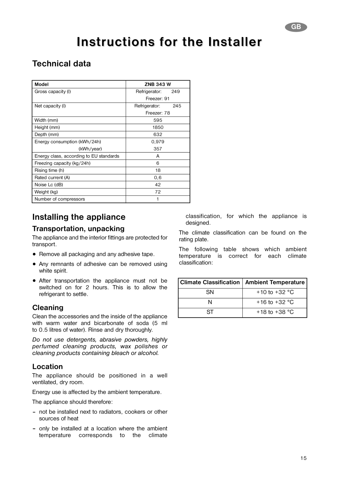 Zanussi ZNB 343 W manual Instructions for the Installer, Technical data, Installing the appliance 