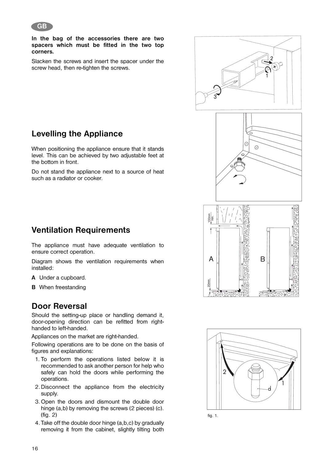 Zanussi ZNB 343 W manual Levelling the Appliance, Ventilation Requirements, Door Reversal 