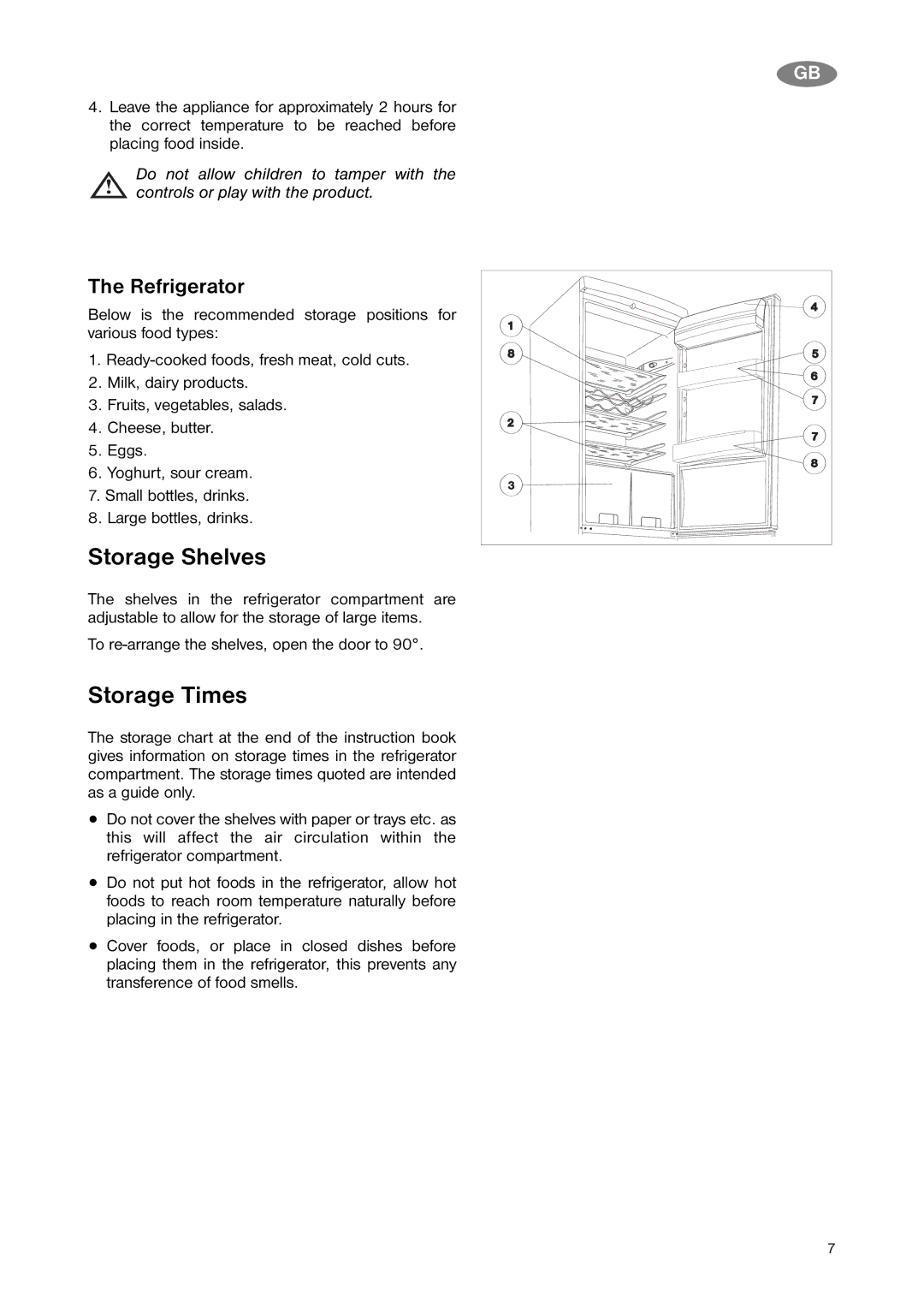 Zanussi ZNB 343 W manual Storage Shelves, Storage Times, Refrigerator 