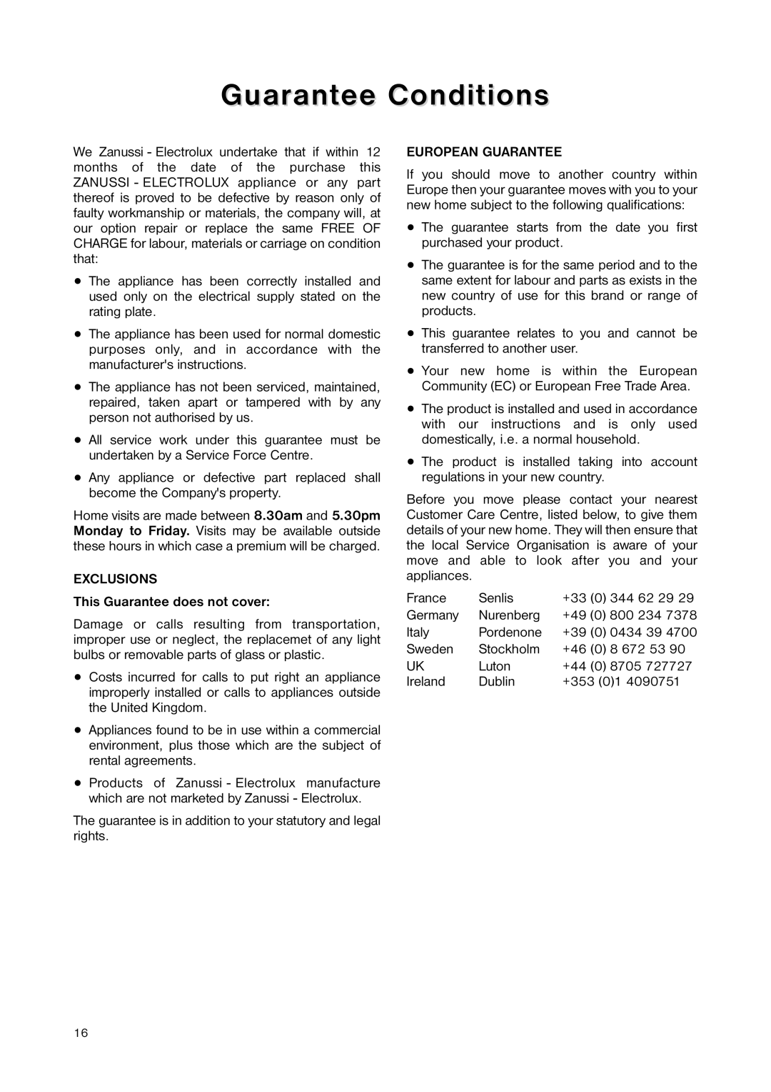 Zanussi ZNB 344 W, ZNB 344 S manual Guarantee Conditions, This Guarantee does not cover 