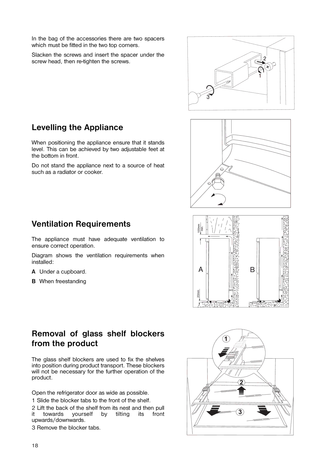 Zanussi ZNB 344 W Levelling the Appliance, Ventilation Requirements, Removal of glass shelf blockers from the product 