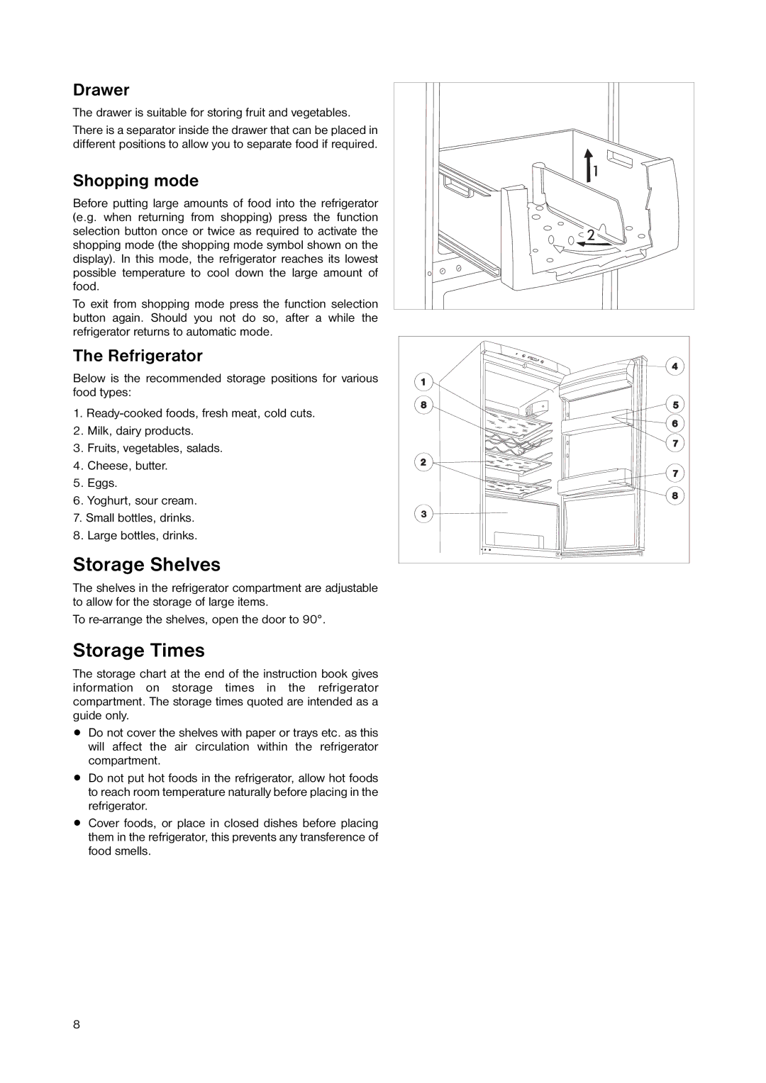 Zanussi ZNB 344 W, ZNB 344 S manual Storage Shelves, Storage Times, Drawer, Shopping mode, Refrigerator 