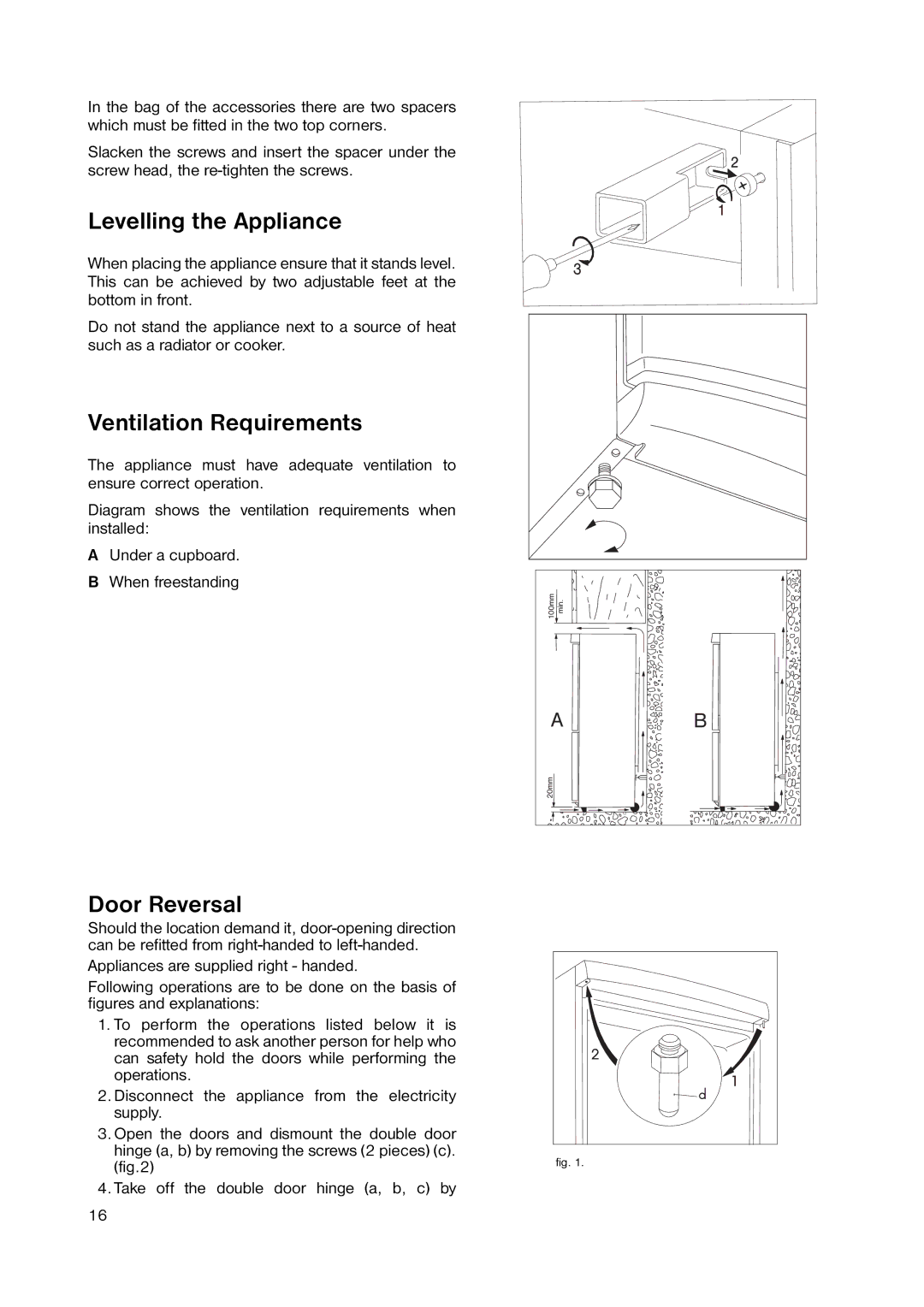 Zanussi ZNB 3440 manual Levelling the Appliance, Ventilation Requirements, Door Reversal 