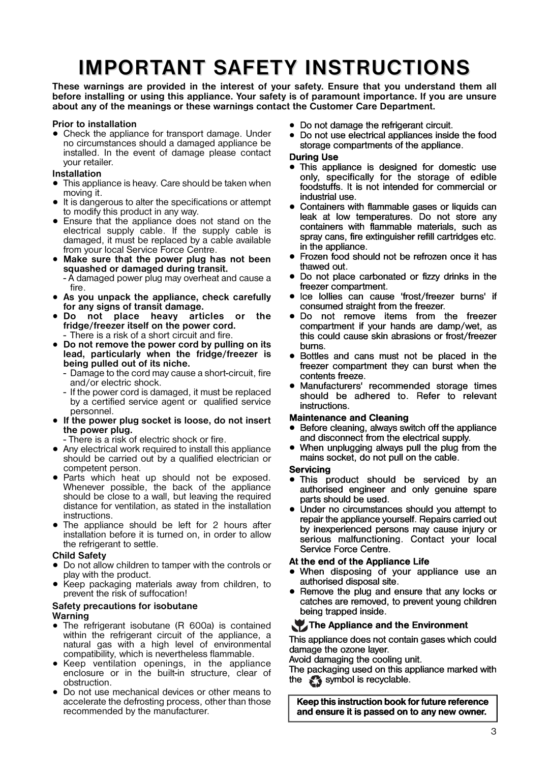 Zanussi ZNB 3440 manual Important Safety Instructions 