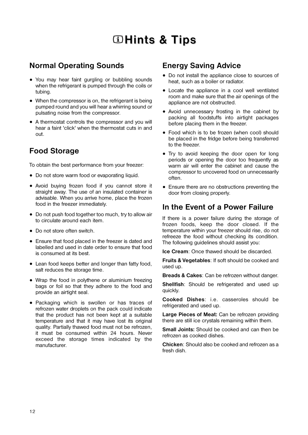 Zanussi ZNB 404 W Hints & Tips, Normal Operating Sounds, Food Storage, Energy Saving Advice, Event of a Power Failure 