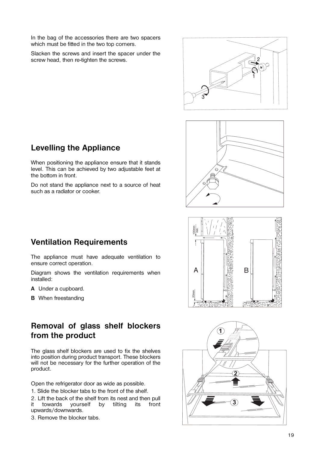 Zanussi ZNB 404 S Levelling the Appliance, Ventilation Requirements, Removal of glass shelf blockers from the product 