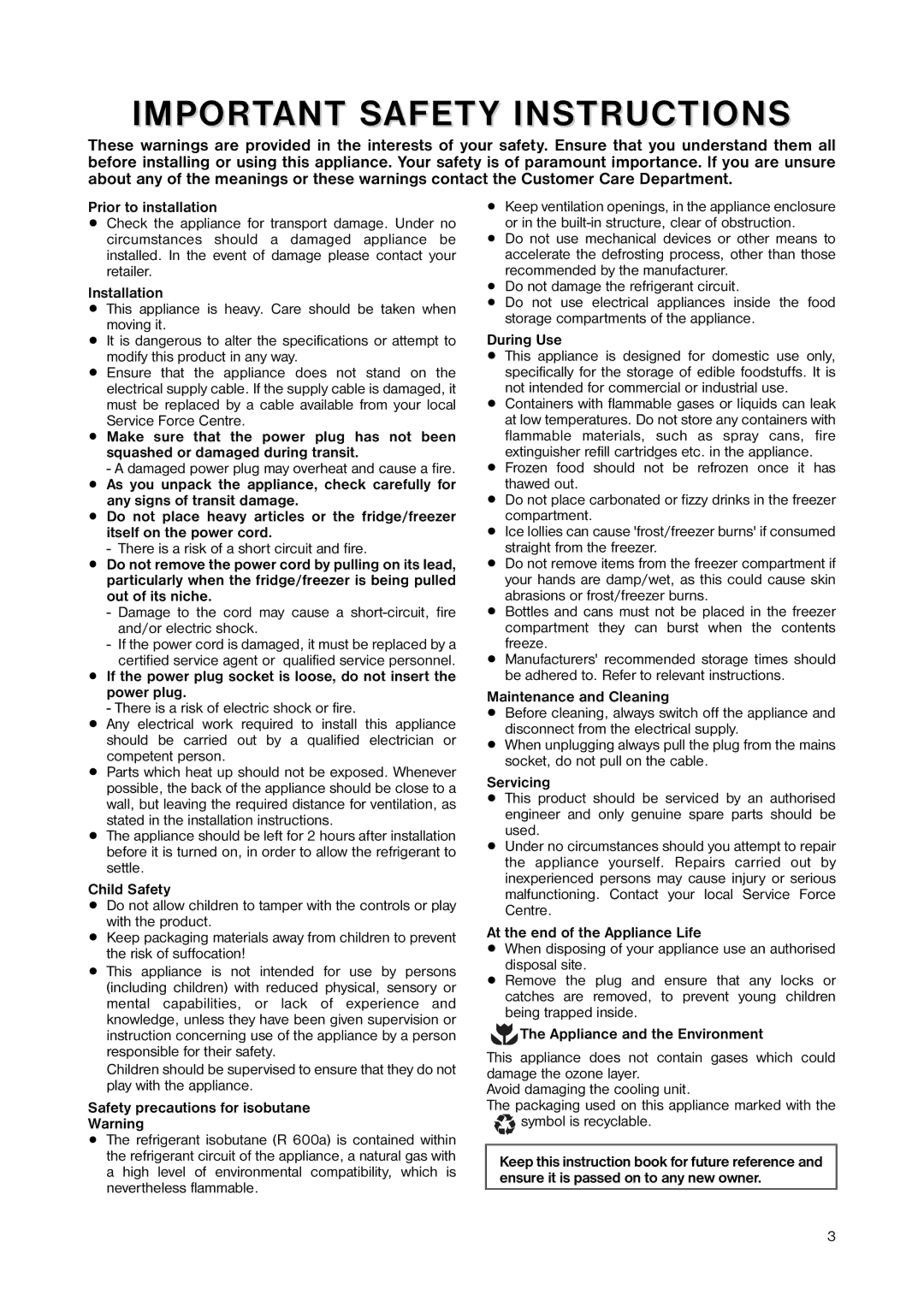 Zanussi ZNB 404 S, ZNB 404 W manual Important Safety Instructions 