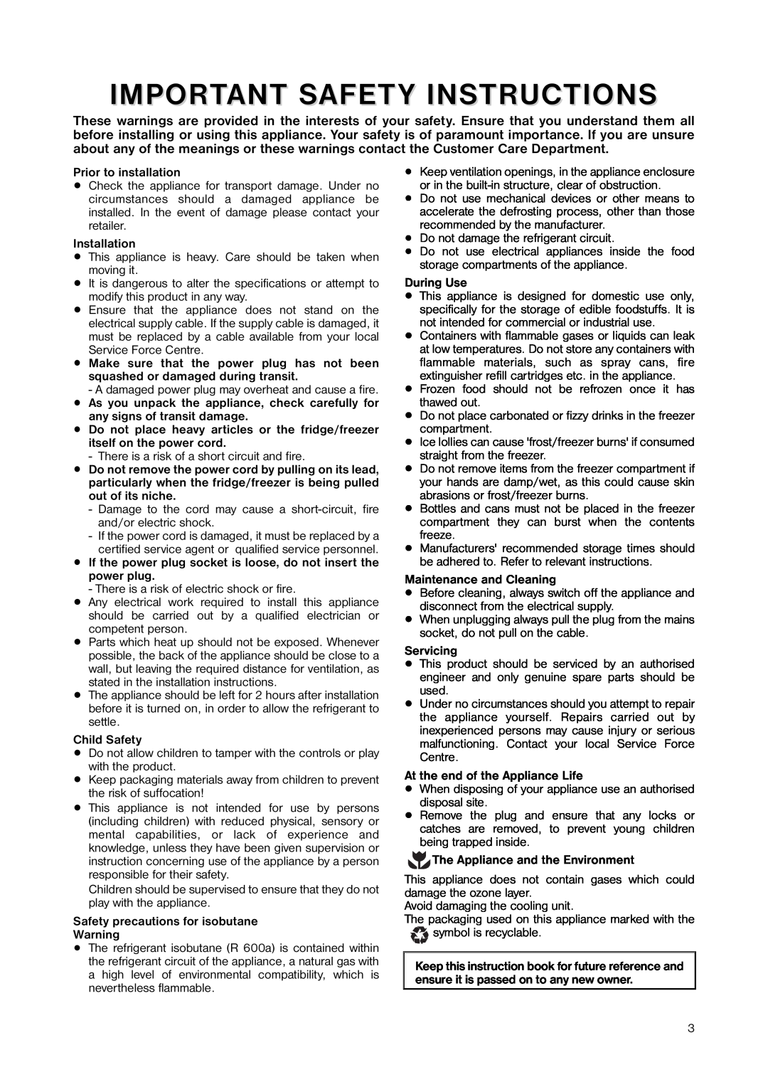 Zanussi ZNB 404 S, ZNB 404 W manual Important Safety Instructions 