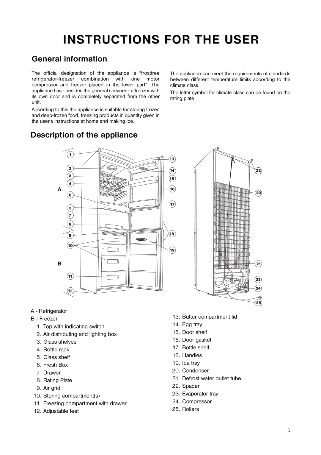 Zanussi ZNB 404 S, ZNB 404 W manual Instructions For The User, General information, Description of the appliance 