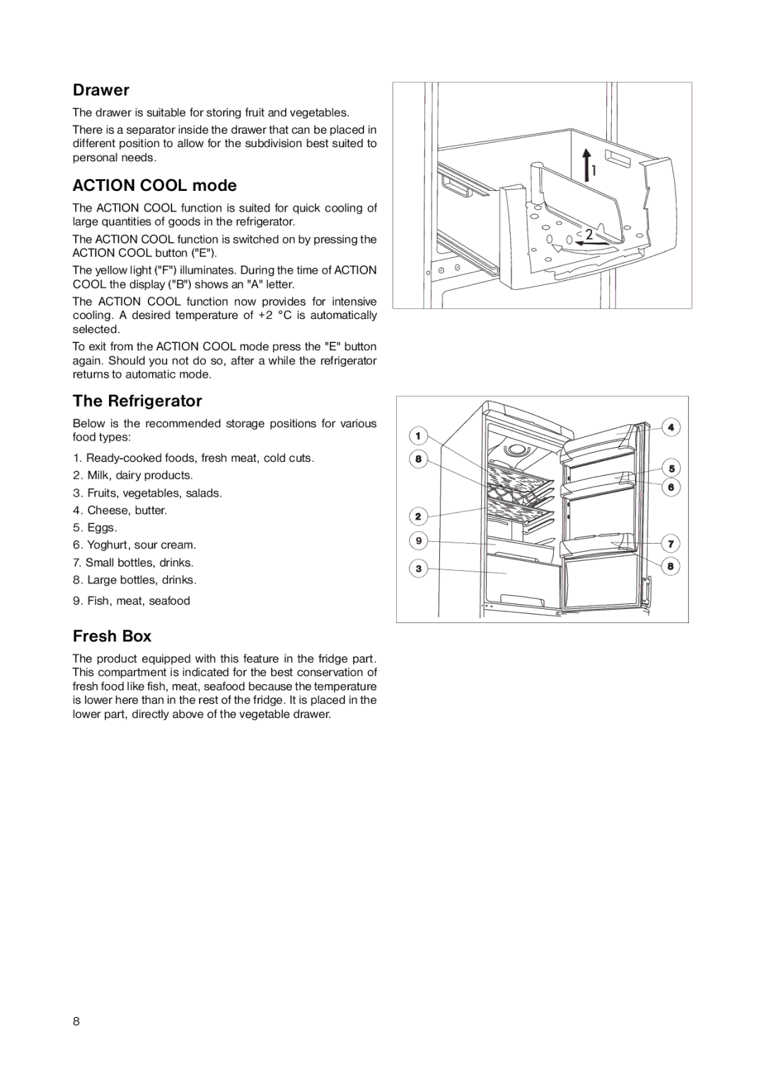 Zanussi ZNB 4051 manual Drawer, Action Cool mode, Refrigerator, Fresh Box 