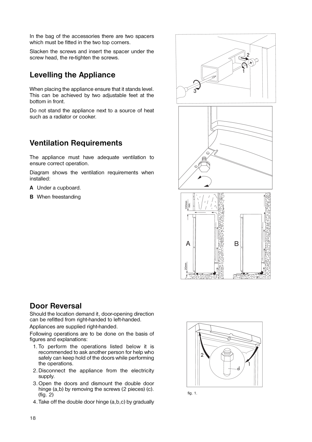 Zanussi ZNB 4051 manual Levelling the Appliance, Ventilation Requirements, Door Reversal 