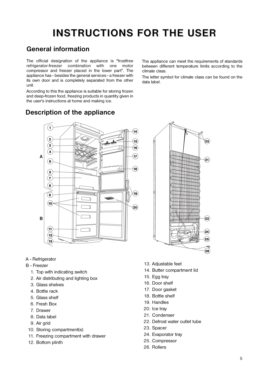 Zanussi ZNB 4051 manual Instructions For The User, General information, Description of the appliance 