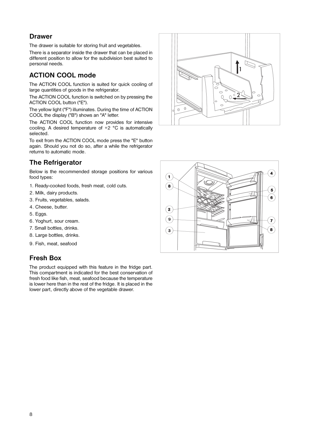 Zanussi ZNB 4051 manual Drawer, ACTION COOL mode, The Refrigerator, Fresh Box 
