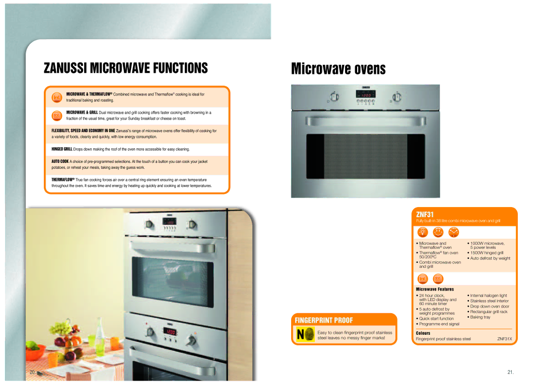 Zanussi ZNM11N, ZNF21 quick start Zanussi Microwave Functions, ZNF31, Fingerprint Proof 