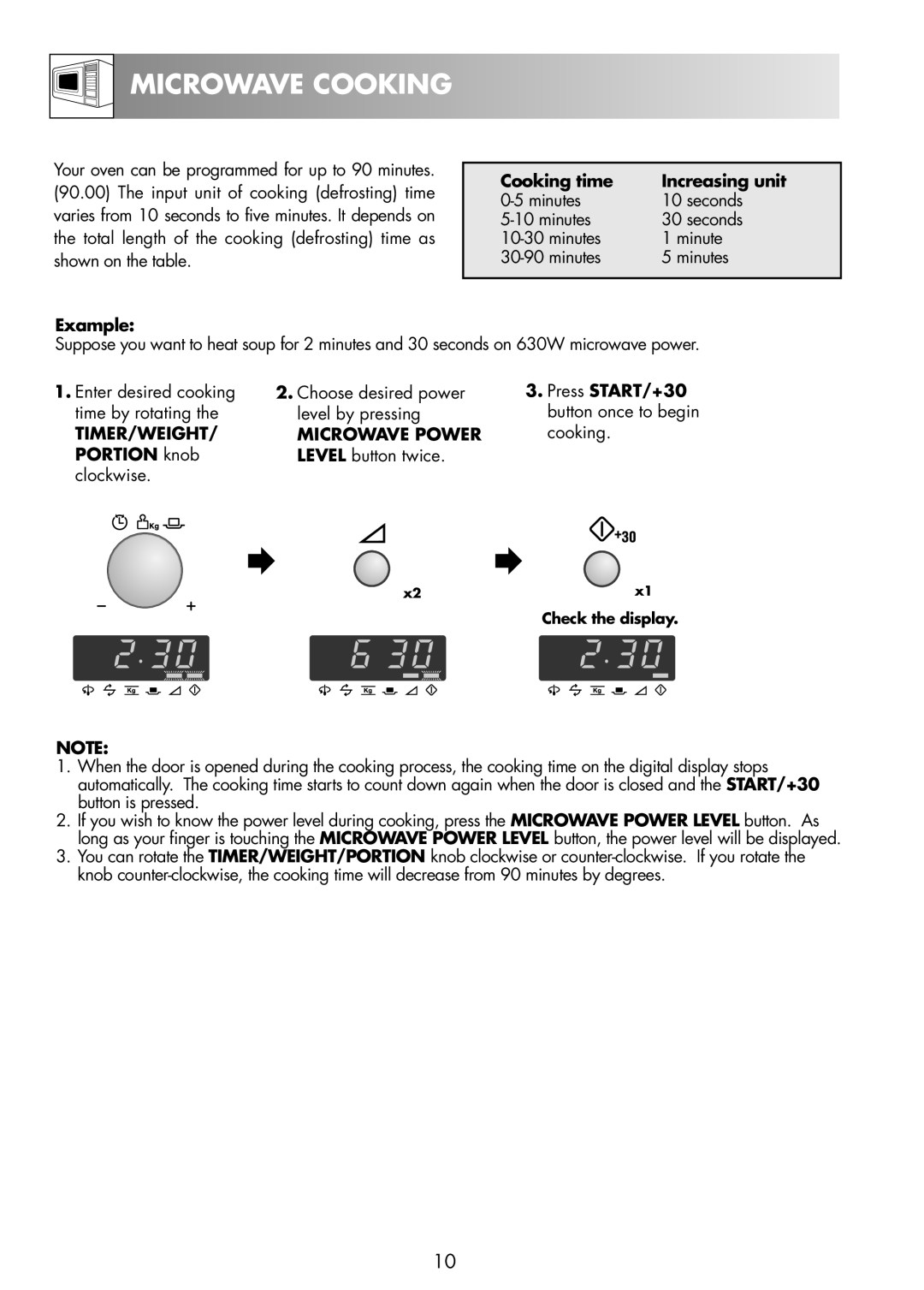 Zanussi ZNM11X user manual Microwave Cooking, Cooking time Increasing unit, Press START/+30, TIMER/WEIGHT Microwave Power 