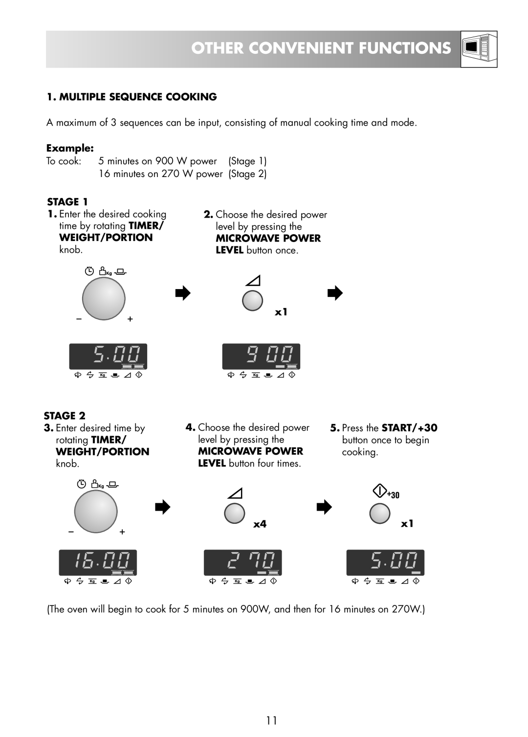 Zanussi ZNM11X user manual Other Convenient Functions, Multiple Sequence Cooking, Stage, Weight/Portion 