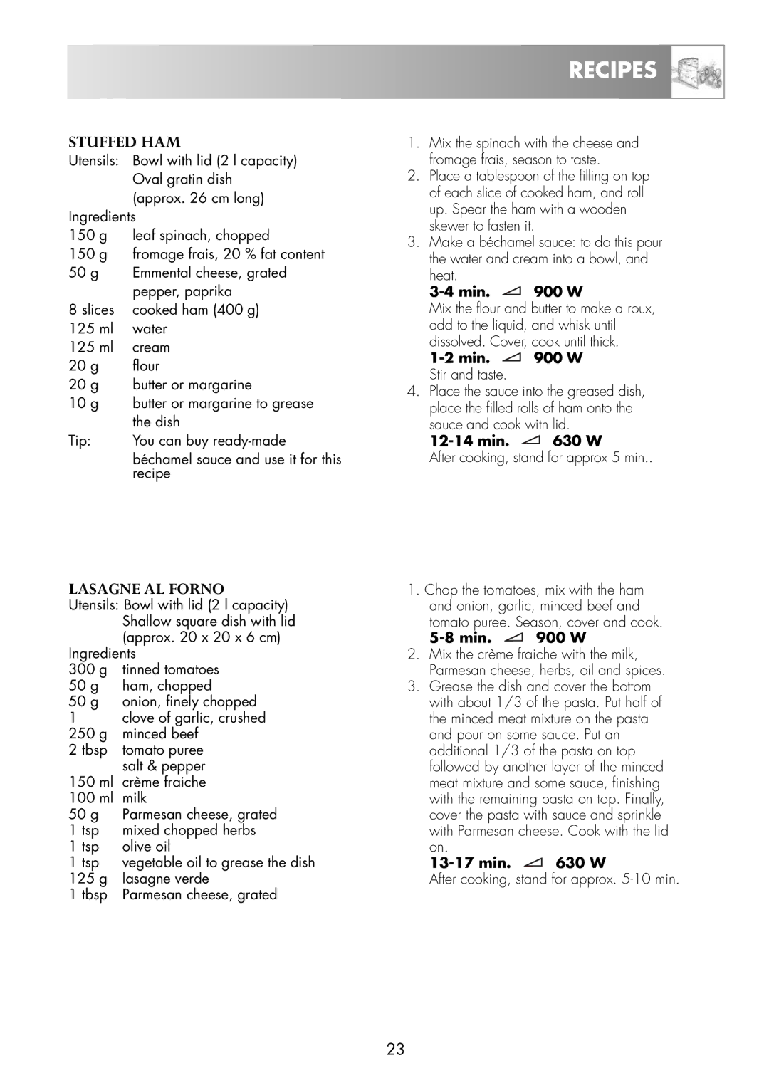 Zanussi ZNM11X user manual Stuffed HAM, Lasagne AL Forno 