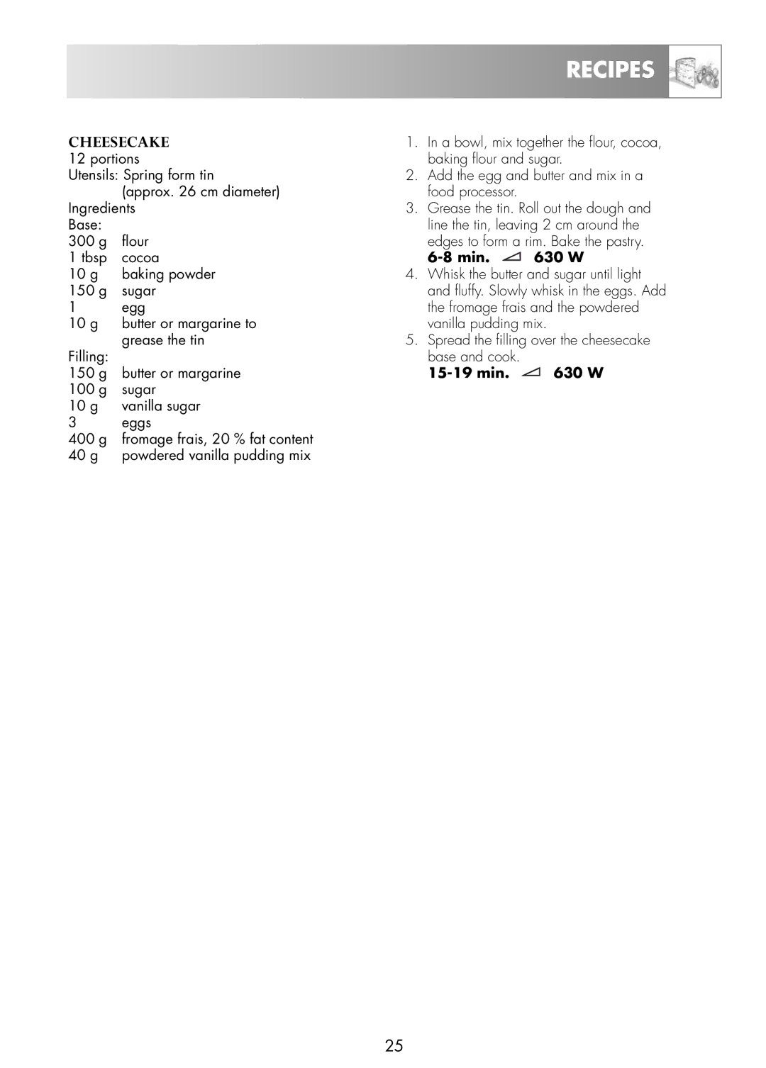 Zanussi ZNM11X user manual Cheesecake, Min 630 W, min 630 W 