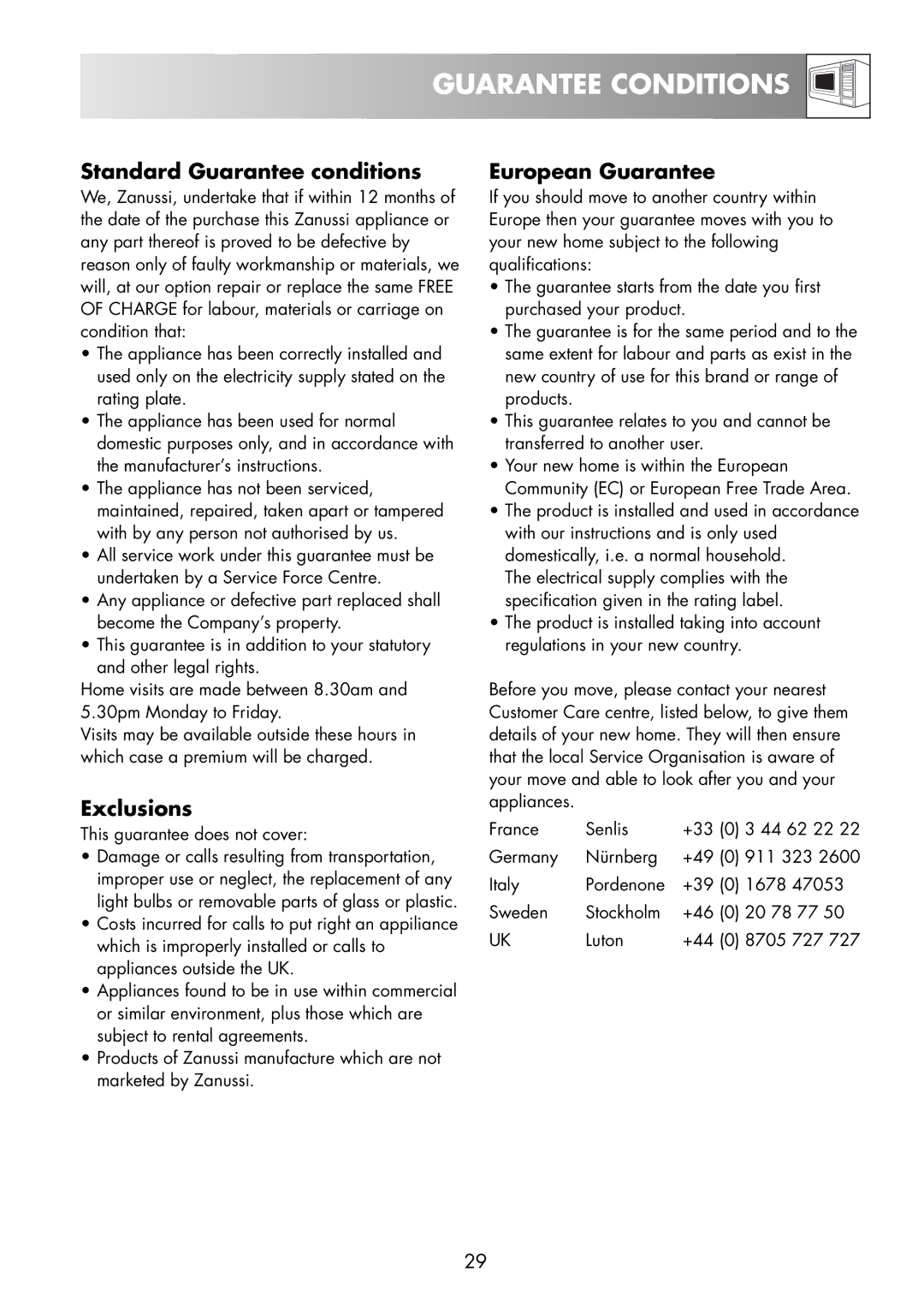 Zanussi ZNM11X user manual Guarantee Conditions, Standard Guarantee conditions 