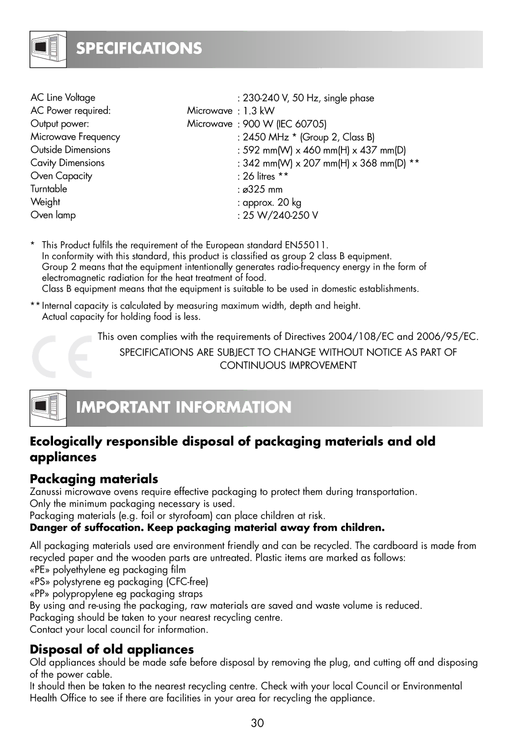 Zanussi ZNM11X user manual Specifications, Important Information 