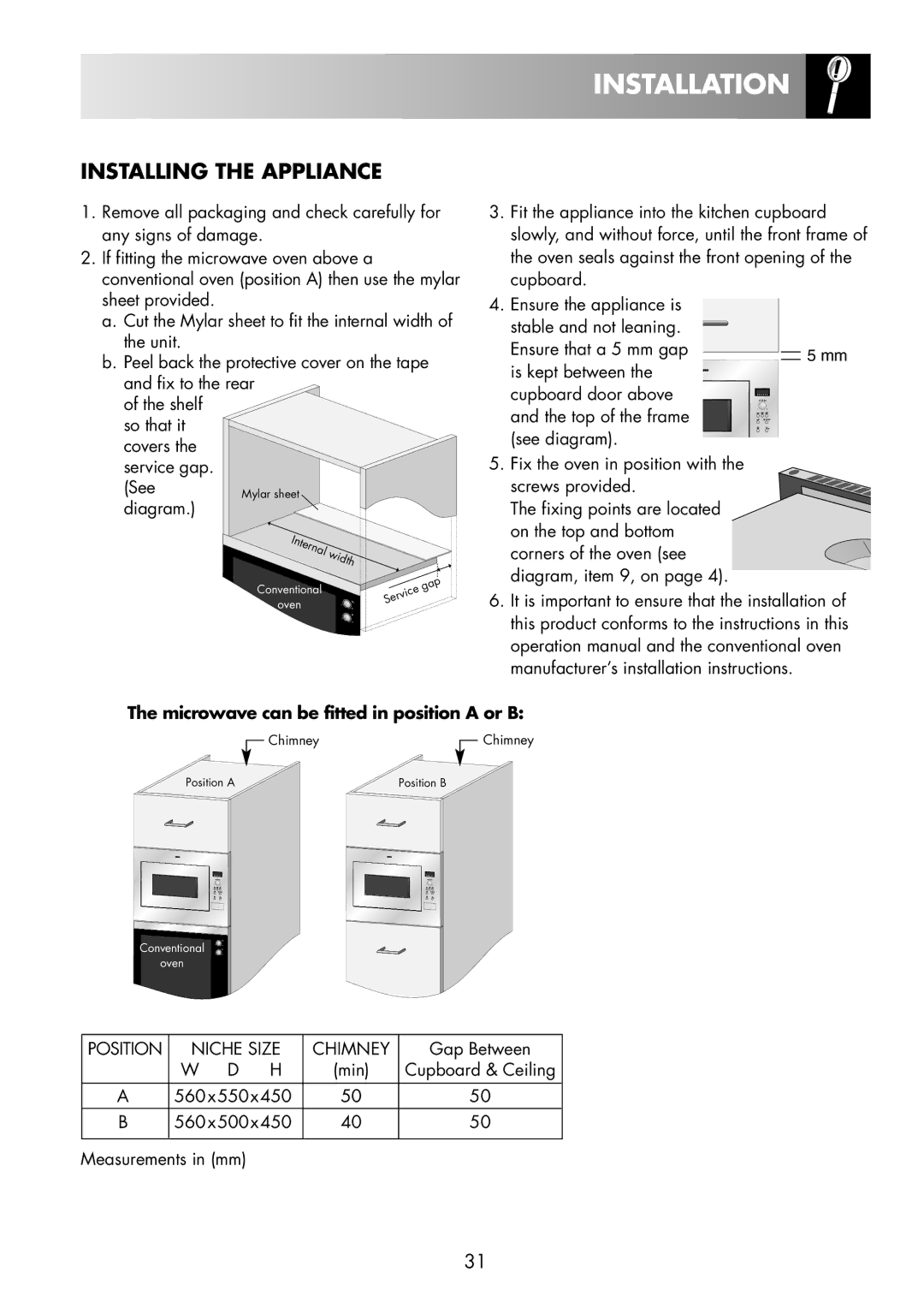 Zanussi ZNM11X user manual Installation, Microwave can be fitted in position a or B 